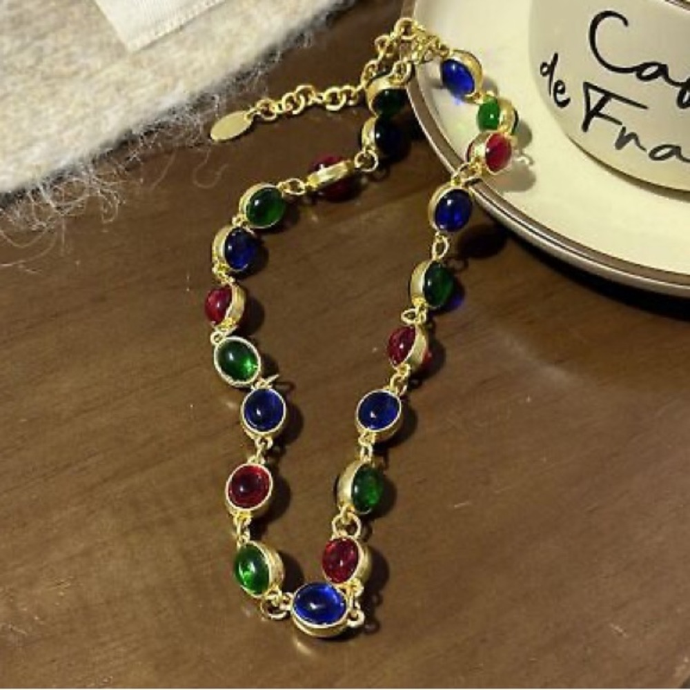 Exquisite Green, Blue & Green Glass Cabochons, Satin Gold Plated Necklace Choker